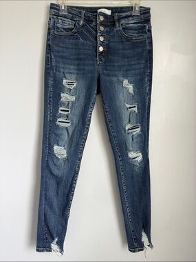 Kan Kan Dark Blue Distressed Women's Jeans - Mid Rise - Ankle Skinny